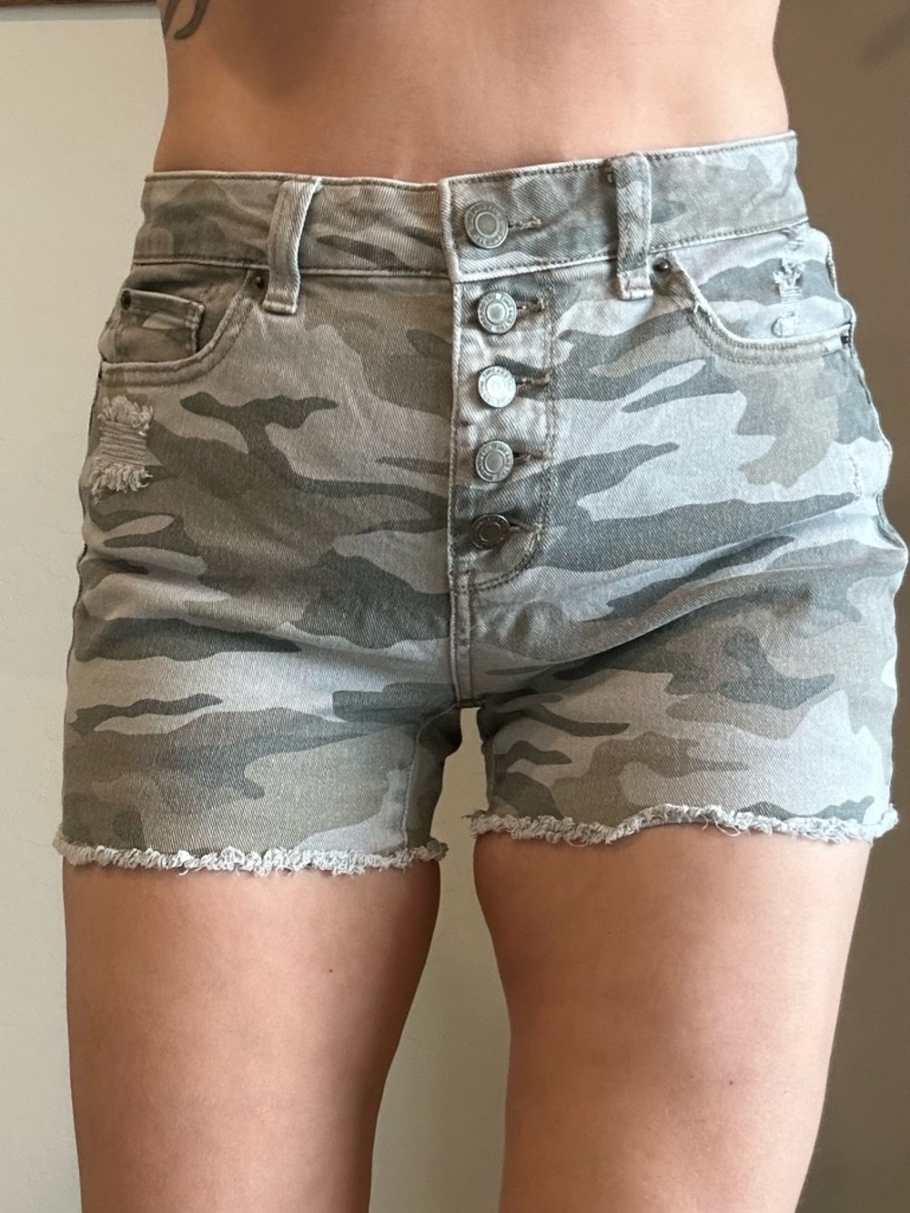 Women's High-Rise Camo Denim Shorts - Gray Camo button up